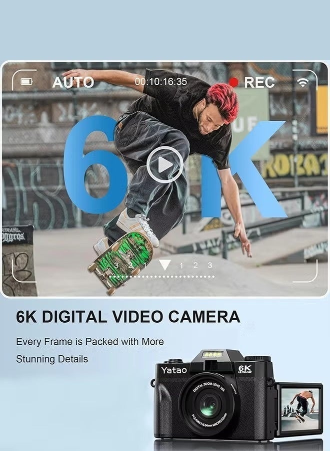 إيكويكام كاميرا رقمية 6K للتصوير - كاميرات رقمية مع بطاقة TF سعة 128 جيجابايت، وكاميرات فيديو مدونات واي فاي بدقة 64 ميجابكسل لليوتيوب مع شاشة قلابة 3 بوصات بزاوية 180 درجة، وتقريب رقمي 16X مع ضبط تلقائي للصورة، وعدسة واسعة الزاوية وماكرو، وبطاريتان - Image 2